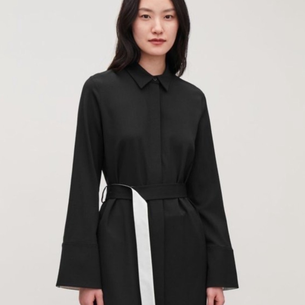 COS Black Wool Contrast Cuff Button-Down Midi Shirt Dress Lagenlook 38 6